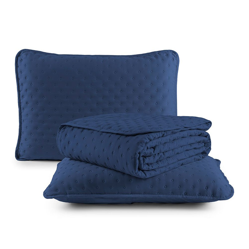 Kit Cobre Leito Colcha Queen 3 Peças Matelado Dupla Face Dots 300 Fios Azul Marinho