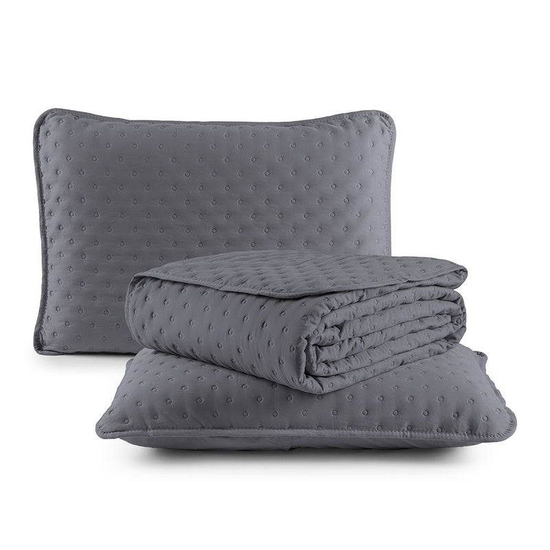 Kit Cobre Leito Colcha Queen 3 Peças Matelado Dupla Face Dots 300 Fios Cinza