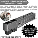 Organizador Multiuso/Suporte de Parede/Porta Utensílios, Talheres e Porta Pano de Pratos com 8 ganchos 50cm, em metal, super resistente, moderno e funcional, sua cozinha muito mais charmosa!