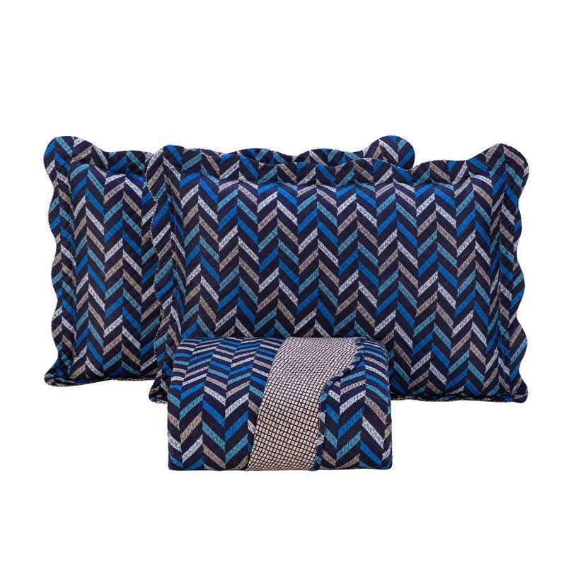 Kit Colcha Cobre Leito Casal 3 Peças 150 Fios Matelado Boutis Estampada Dupla Face Montreal Azul