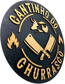 Placa Quadro Cantinho do Churrasco Redondo em Relevo Preto Área Gourmet Churrasqueira