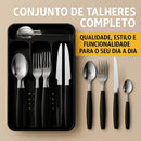 Conjunto de Talheres em Aço Inox com Cabo Color, 25 Peças, Inclui Porta-Talher (Preto)
