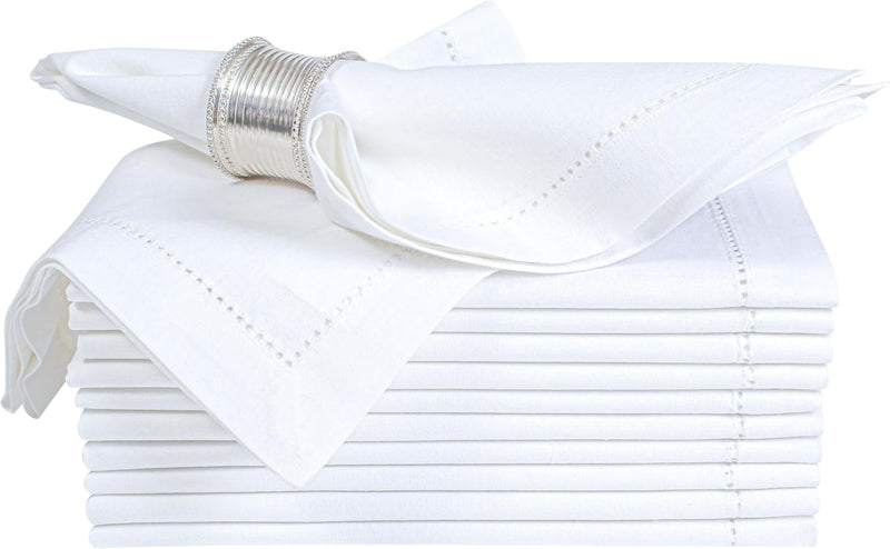 Homidate Cotton Cloth Dinner Napkins Set of 12 – 18x18 White with Hemstitched Mitered Corners – Machine Washable Fabric Napkins for Weddings, Dinner Parties & Table Decorations