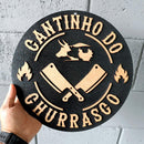 Placa Quadro Cantinho do Churrasco Redondo em Relevo Preto Área Gourmet Churrasqueira