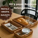Kit 3 Bandejas Rattan Retangulares Trançado Decoração Café da Manhã Mesa Madeira Elegante Mesa Posta Gourmet Café da Tarde Piquenique Acabamento Artesanal Almoço em Família Jantar Elegante Moderno