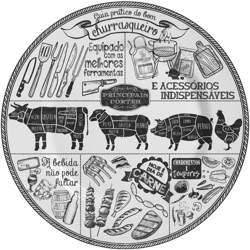 Alleanza Churrasco 8099 Conjunto de 6 Pratos de Sobremesa, Padrão, Branco/Preto