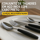 Conjunto de Talheres em Aço Inox com Cabo Color, 25 Peças, Inclui Porta-Talher (Preto)