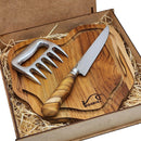 Kit Churrasco Edição Especial, com Ferramentas para Preparar e Servir Carnes com Estilo, Ideal para Churrascos, Festas e Presente, Tábua Artesanal, Faca Inox 7" e Garra de Urso – WOODBULL.