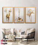 Quadro Decorativo 3 Peças Dourado Floral Branco Ouro Gold Sala Quarto Fácil Fixação com Fita Dupla Face