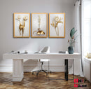 Quadro Decorativo 3 Peças Dourado Floral Branco Ouro Gold Sala Quarto Fácil Fixação com Fita Dupla Face