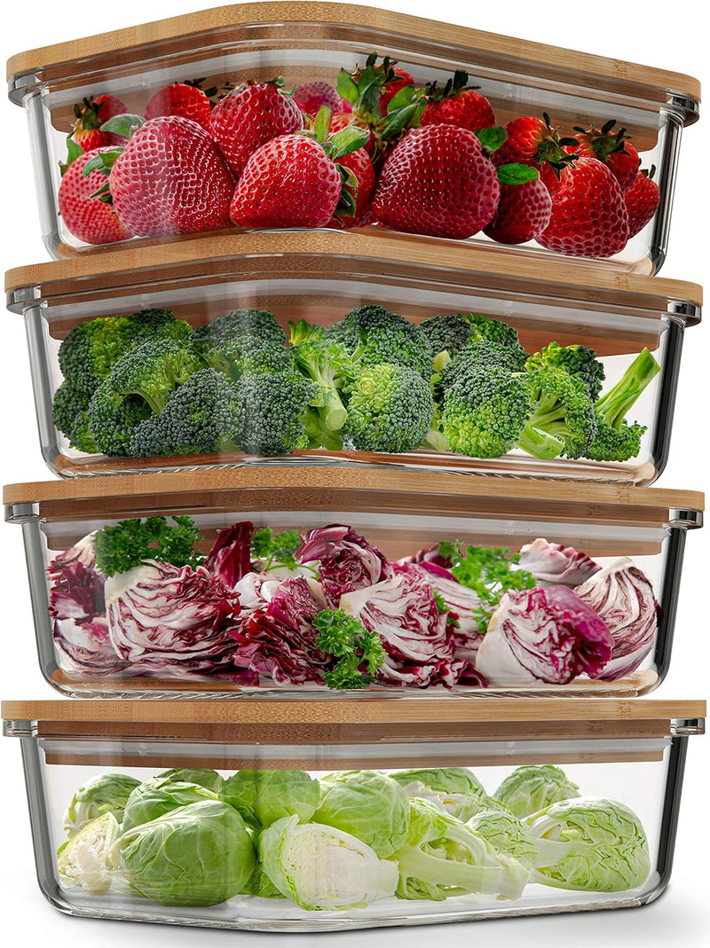 Recipientes de vidro para armazenamento de alimentos com tampas de bambu (pacote com 4, 1020 g)