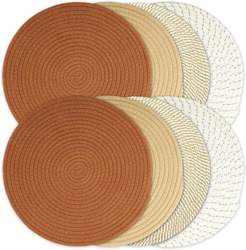 Kochorie Set of 4 Round Woven Cotton Placemats, 13 Inch Boho Table Mats for Kitchen and Dining Table, Farmhouse Heat Resistant Washable Trivets, Fall Thanksgiving Christmas Décor (Mixed Brown)