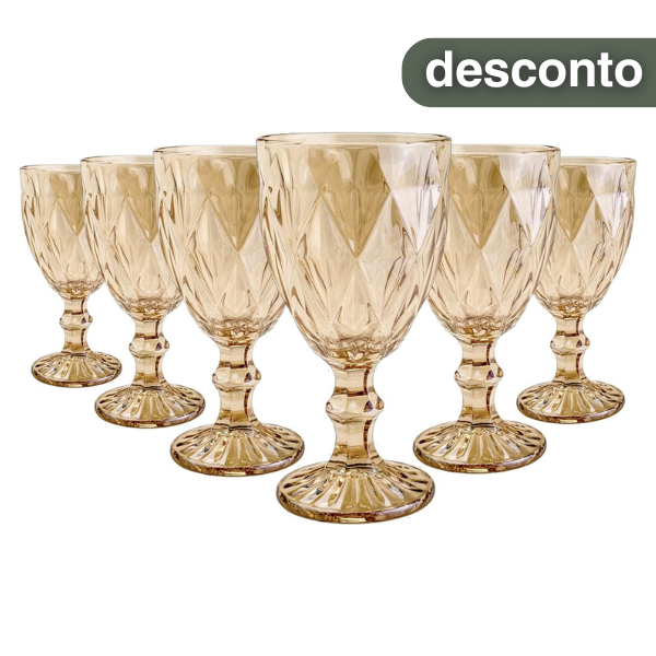 Jogo 6 Taças Diamond Bico De Jaca Dourado A gua Vinho 300ml