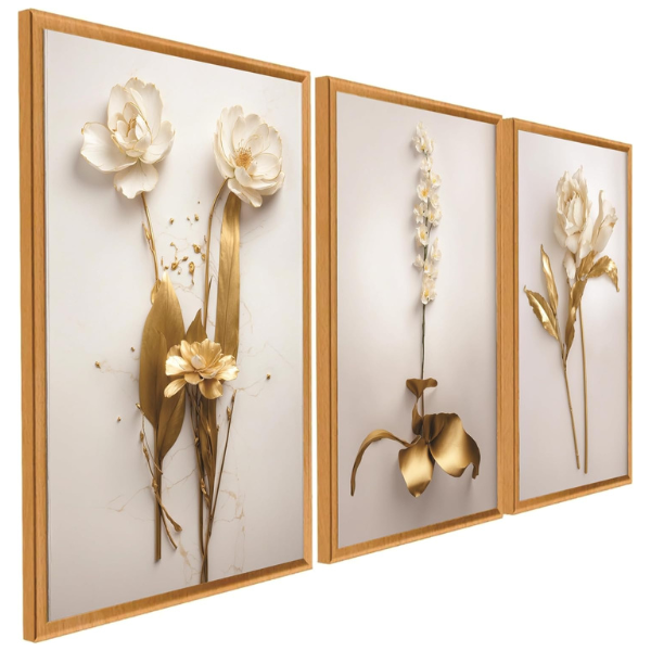 Quadro Decorativo 3 Peças Dourado Floral Branco Ouro Gold Sala Quarto Fácil Fixação com Fita Dupla Face